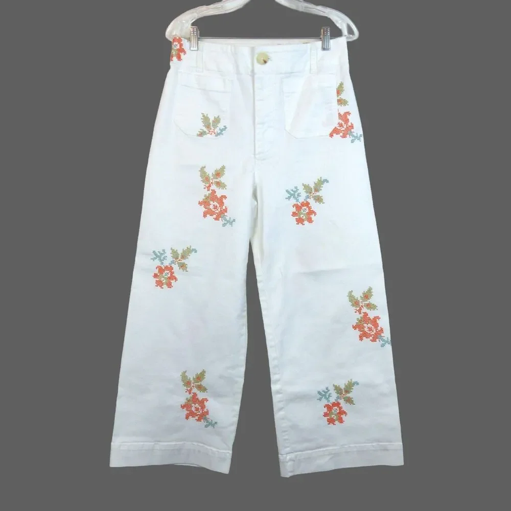 Maeve Anthropologie Colette Jeans 30 White Floral Embroidered Crop Wide Leg Boho